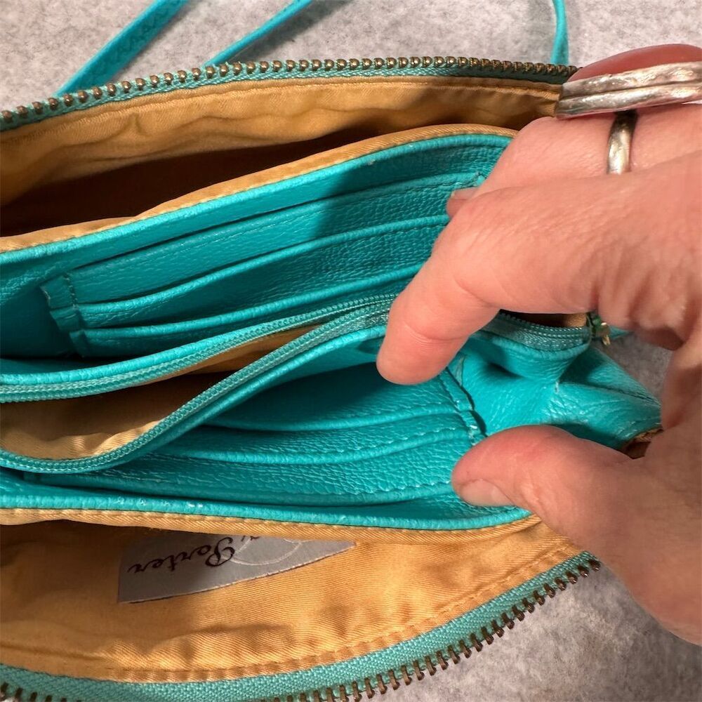 Shara Porter Small Aqua Crossbody Bag with Black Cat Print Adjustable Strap - Picture 6 of 16